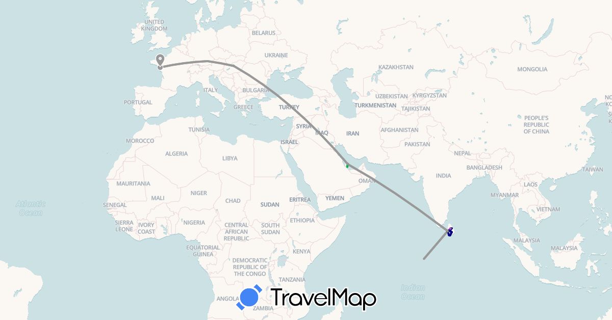 TravelMap itinerary: driving, bus, plane, train, hiking, motorbike in Germany, France, Hungary, Sri Lanka, Maldives, Qatar (Asia, Europe)
